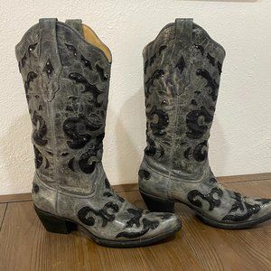 Corral Gray Leather Boots Black Sequin Inlay Cowboy Womens Size 9M